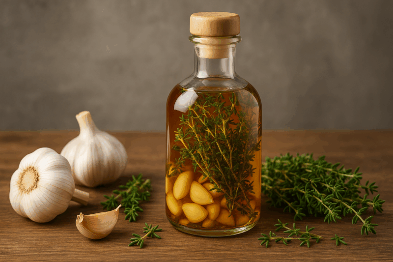 Aceto macerato con aglio e timo: il rimedio naturale per l’immunità e la salute delle vie respiratorie