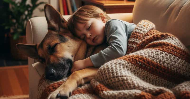 Un bambino di 3 anni e il suo cane si sono addormentati abbracciati sul divano:
