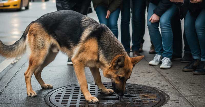 Il cane da pastore abbaia a un coperchio metallico in mezzo alla strada