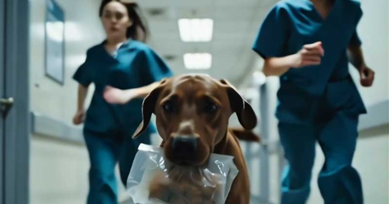 Il cane correva nel corridoio dell’ospedale, tenendo in bocca un pacchetto nero