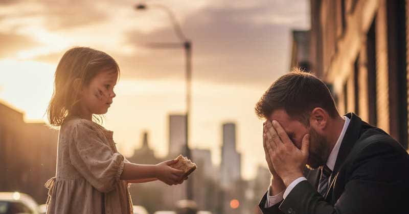 — „E anche tu che piangi di fame?”, disse la bambina mendicante, offrendo il suo unico pezzo di pane all’uomo