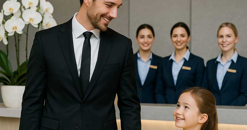 Man mano che una bambina in un vestito giallo entra da sola in una multinazionale e dichiara